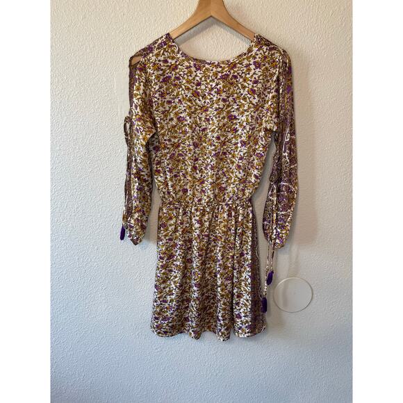 RAGA Bohemian Slit Sleeve Cold Shoulder Gold & Purple Floral Mini Dress Size XS - Picture 3 of 16